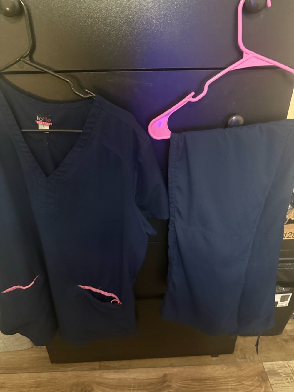 Koi Lite Navy Scrub Set with Pink Trim